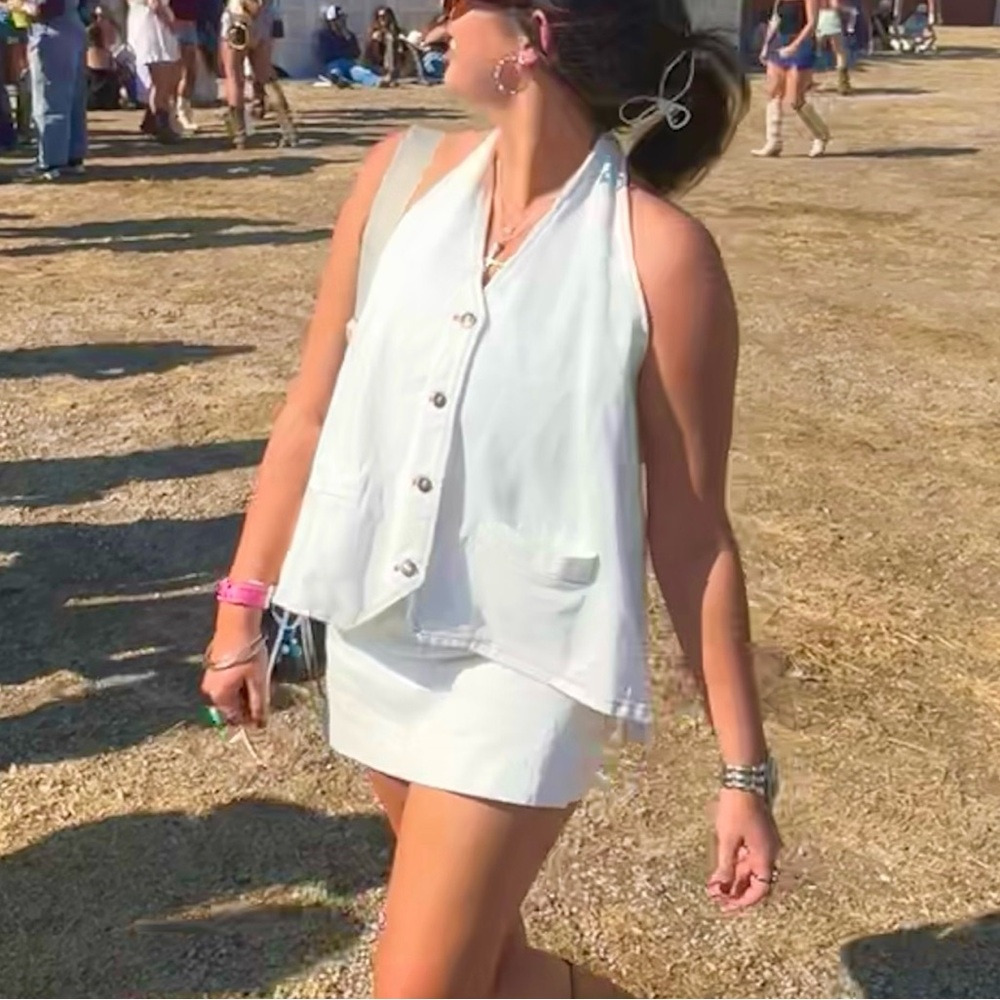 White Sleeveless Button-Front Halter Top & Mini Skort set